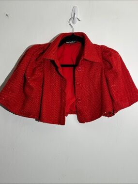 SHEIN Red Tweed Cropped Blazer with Button Front
